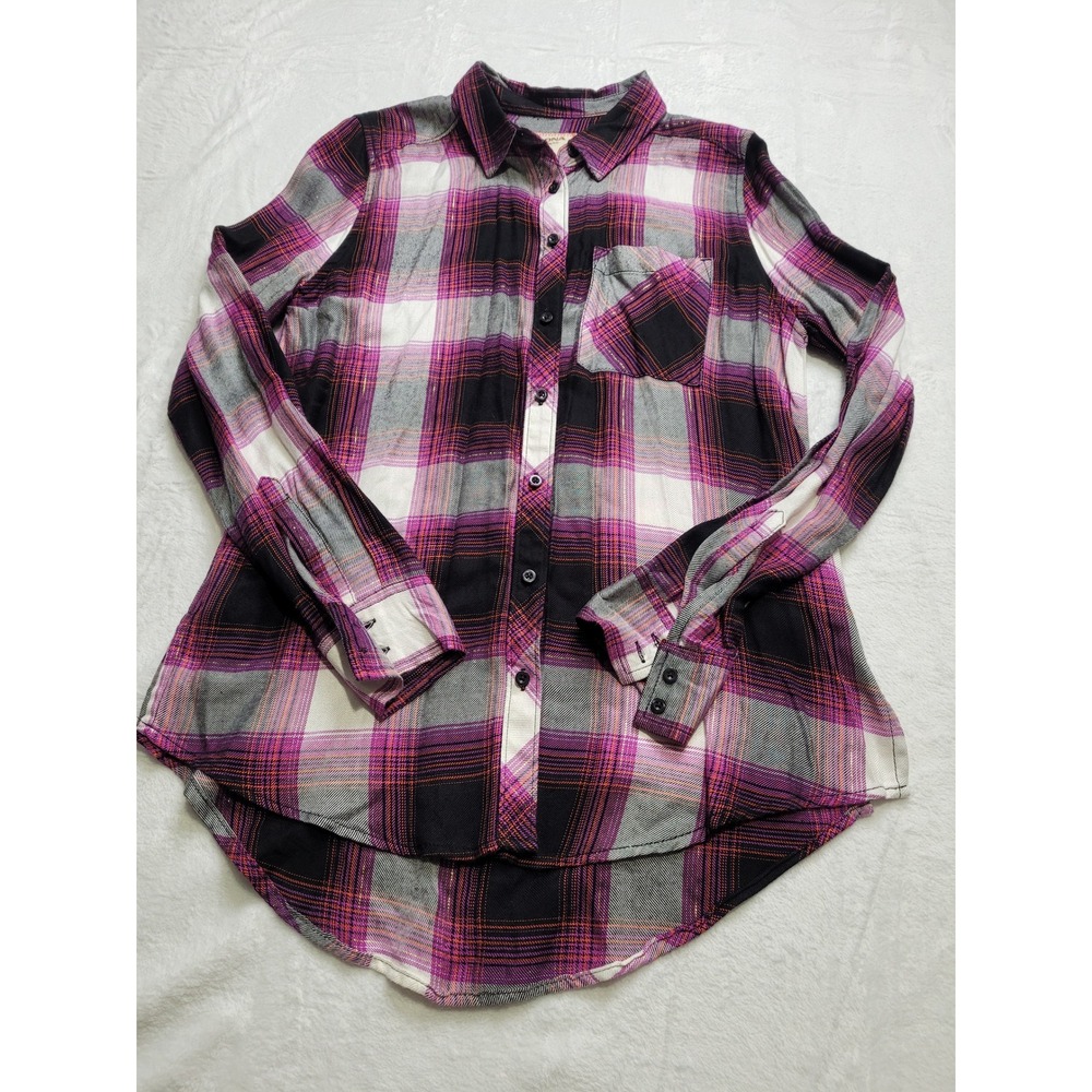 Arizona Jean Co Button Up Women S Purple Plaid Boyfriend Metallic